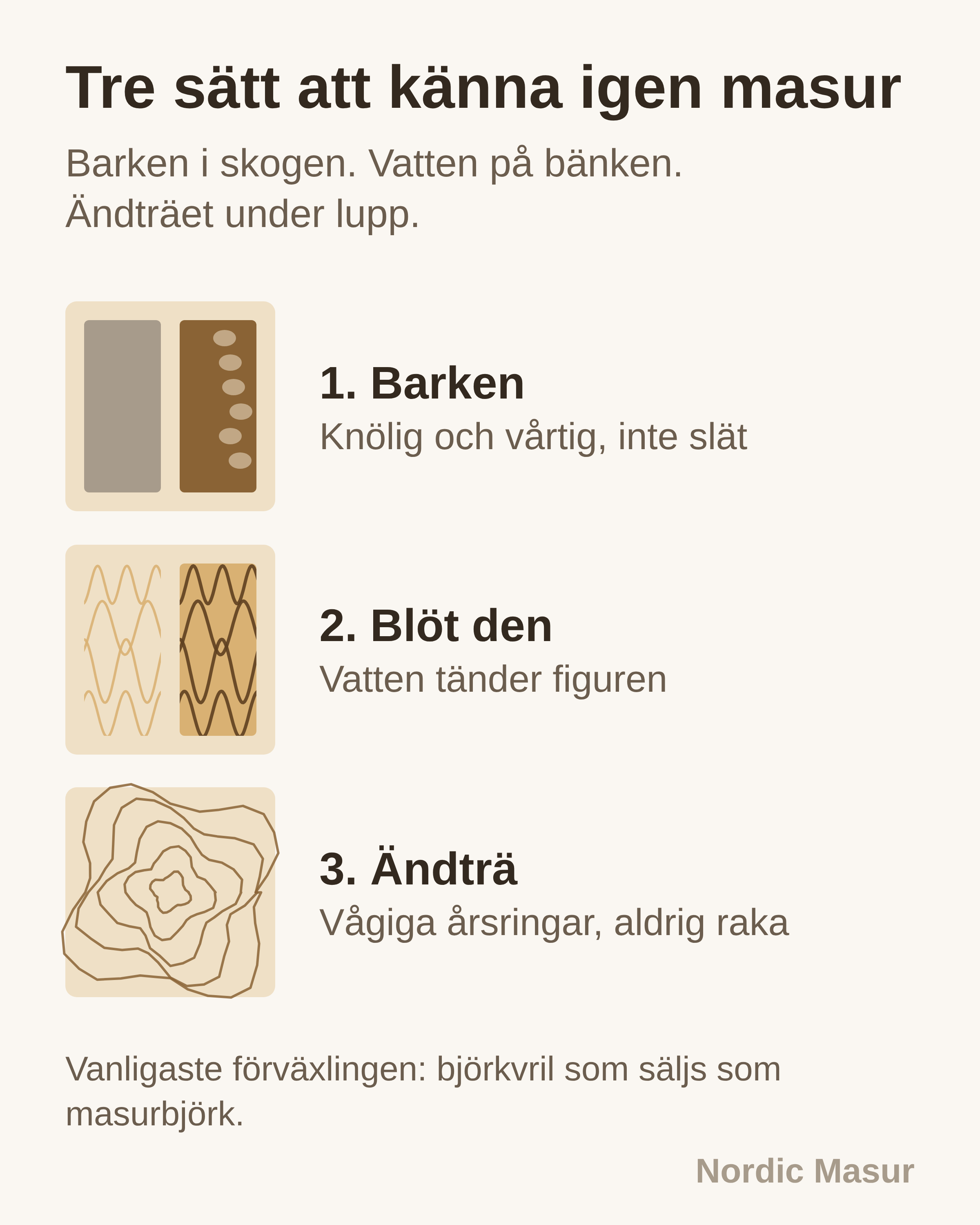 Tre identifieringstester sida vid sida: barkens struktur, en fuktad yta och årsringarna i ändträet