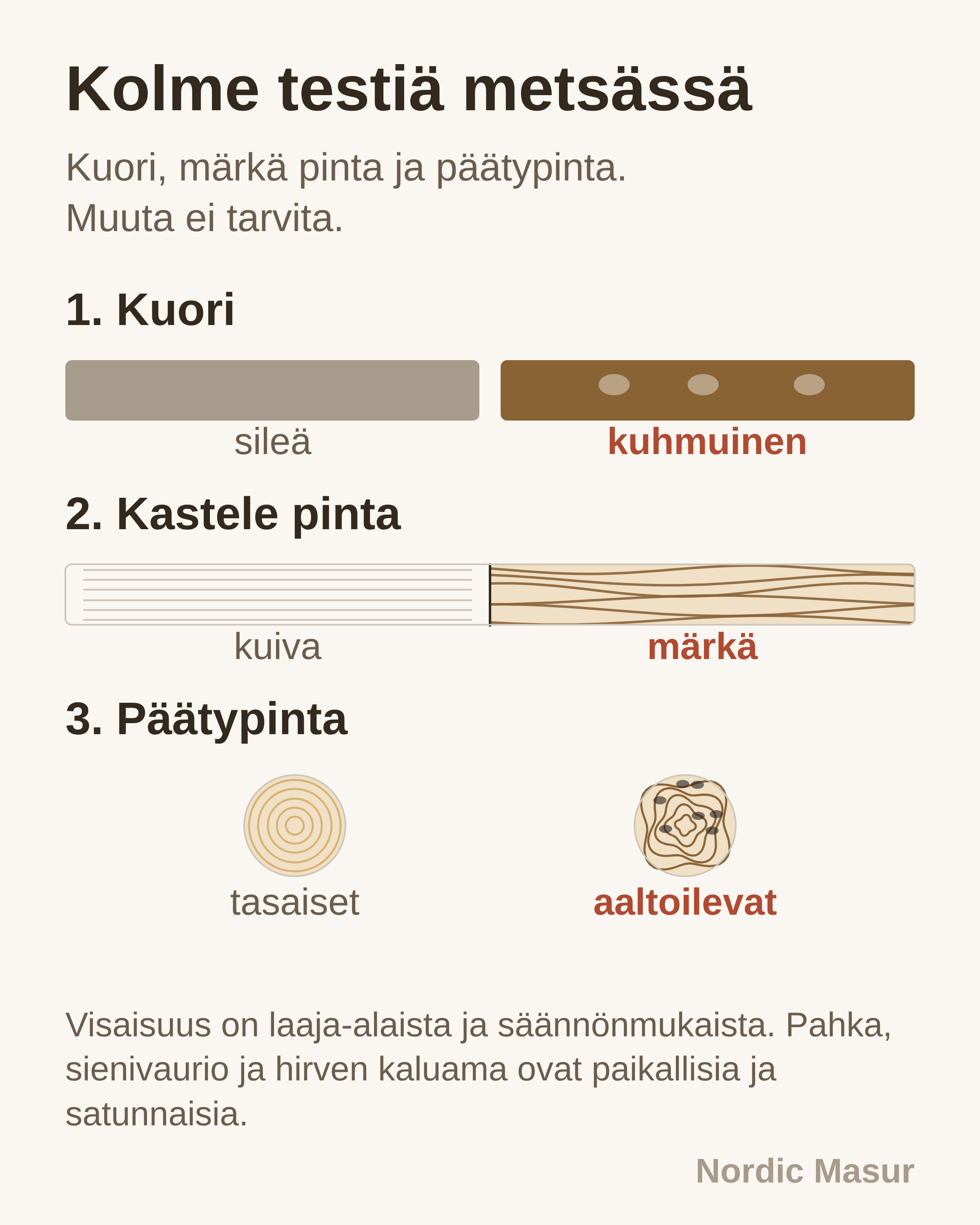 Kolme tunnistustestiä rinnakkain: kuoren pinta, kostutettu pinta ja päätypuun vuosirenkaat