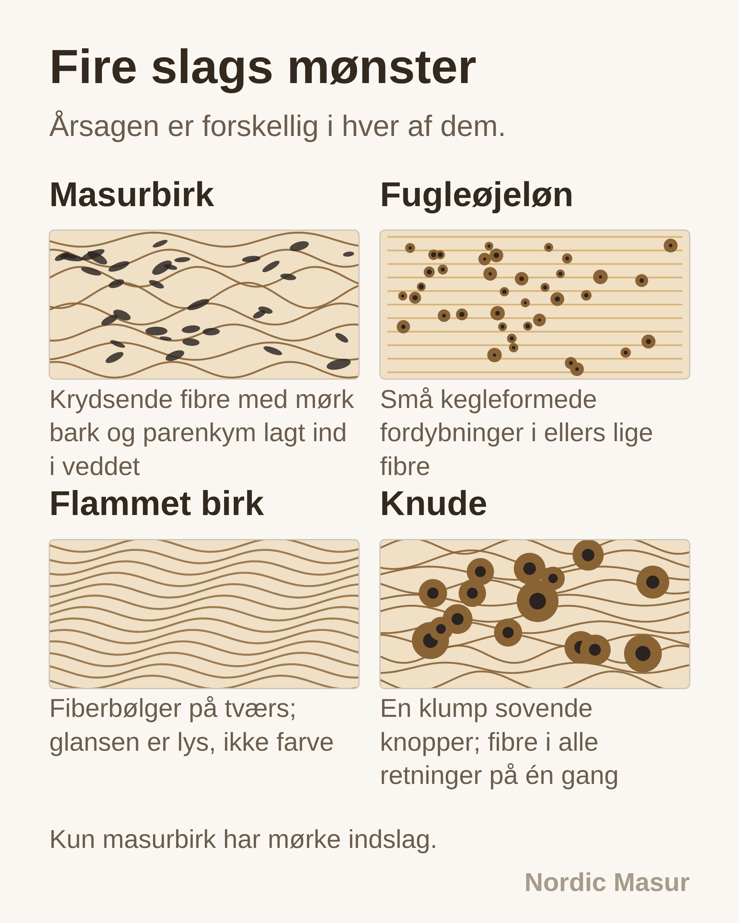 Fire slags mønster: Masurbirk, Fugleøjeløn, Flammet birk, Knude