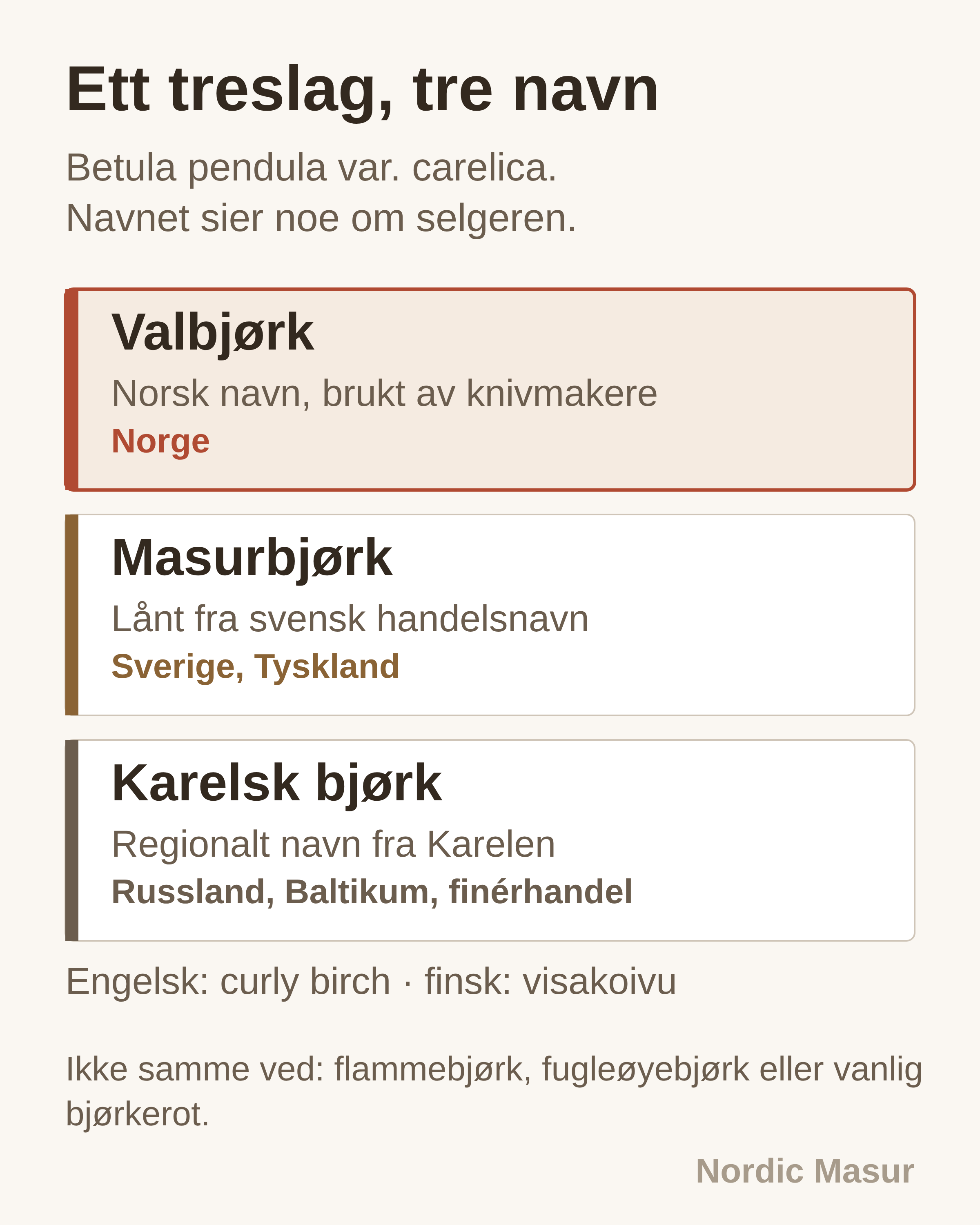 Tre stablede kort som sammenligner navnene valbjørk, masurbjørk og karelsk bjørk og markedene som bruker hvert av dem
