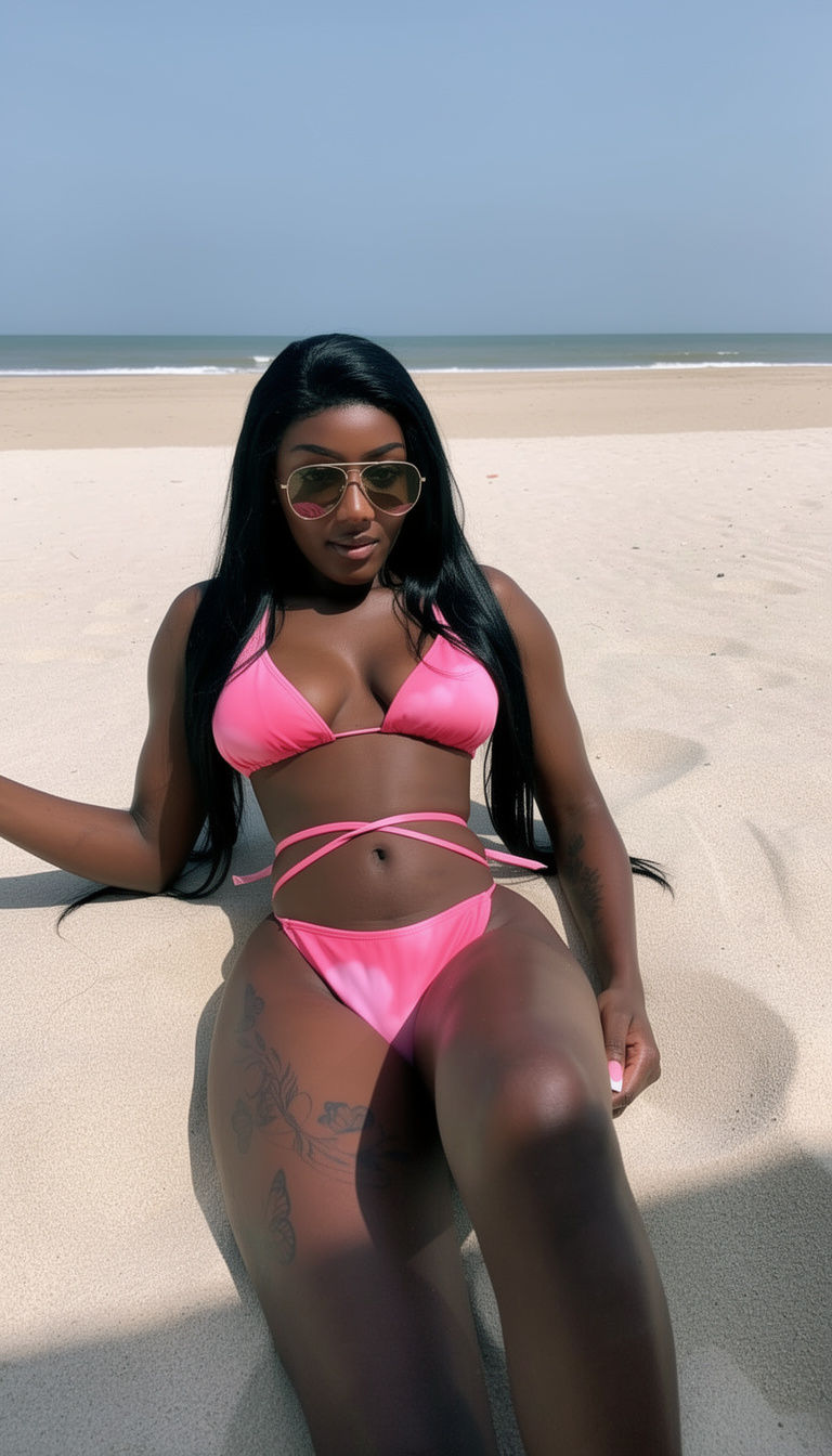 Woman posing on a beach in The Blush Luxe Bikini Set.
