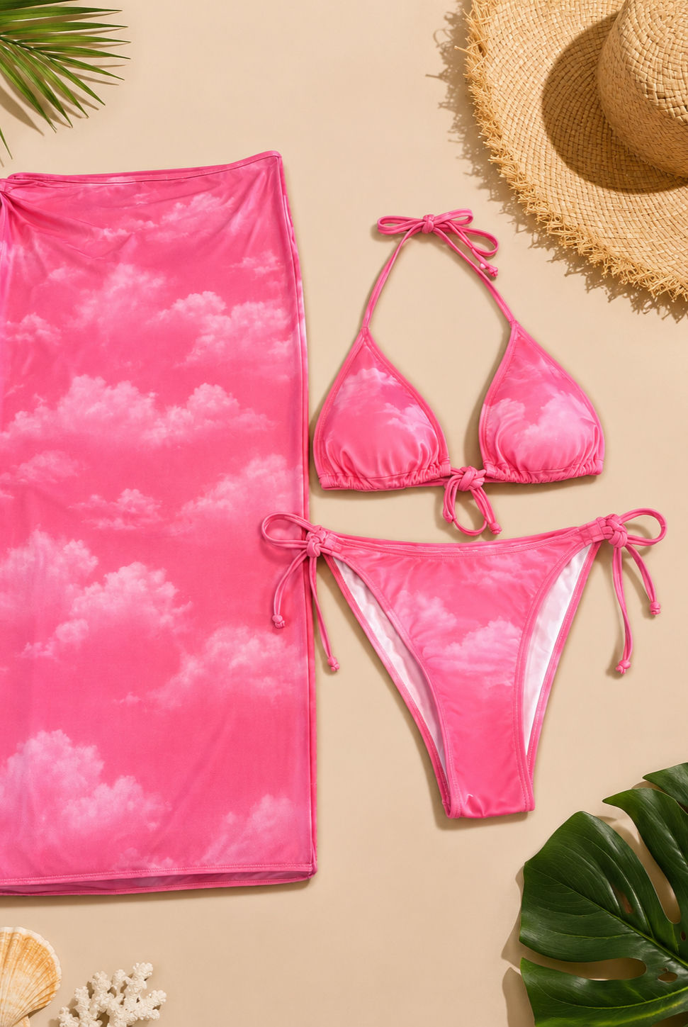 Pink cloud print Blush Luxe Bikini Set with matching sarong