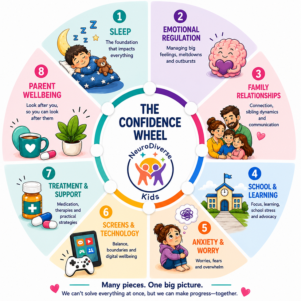 Confidence Wheel framework showing eight areas of support for children with ADHD and autism