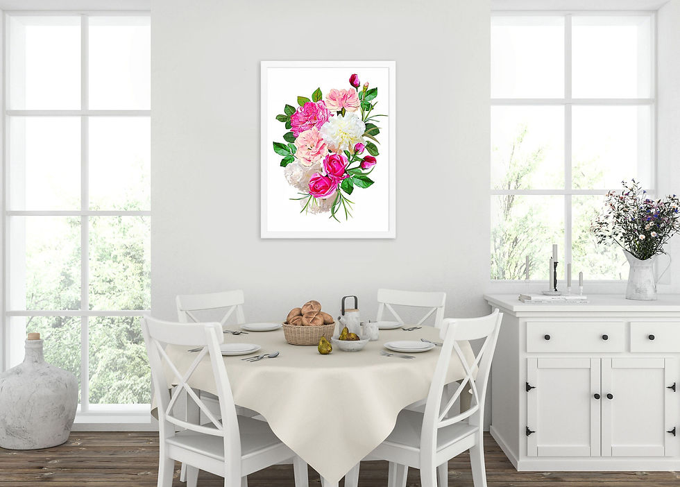 Miniaturbild: Flowers art print, roses, carnations, floral print, bouquet painting print
