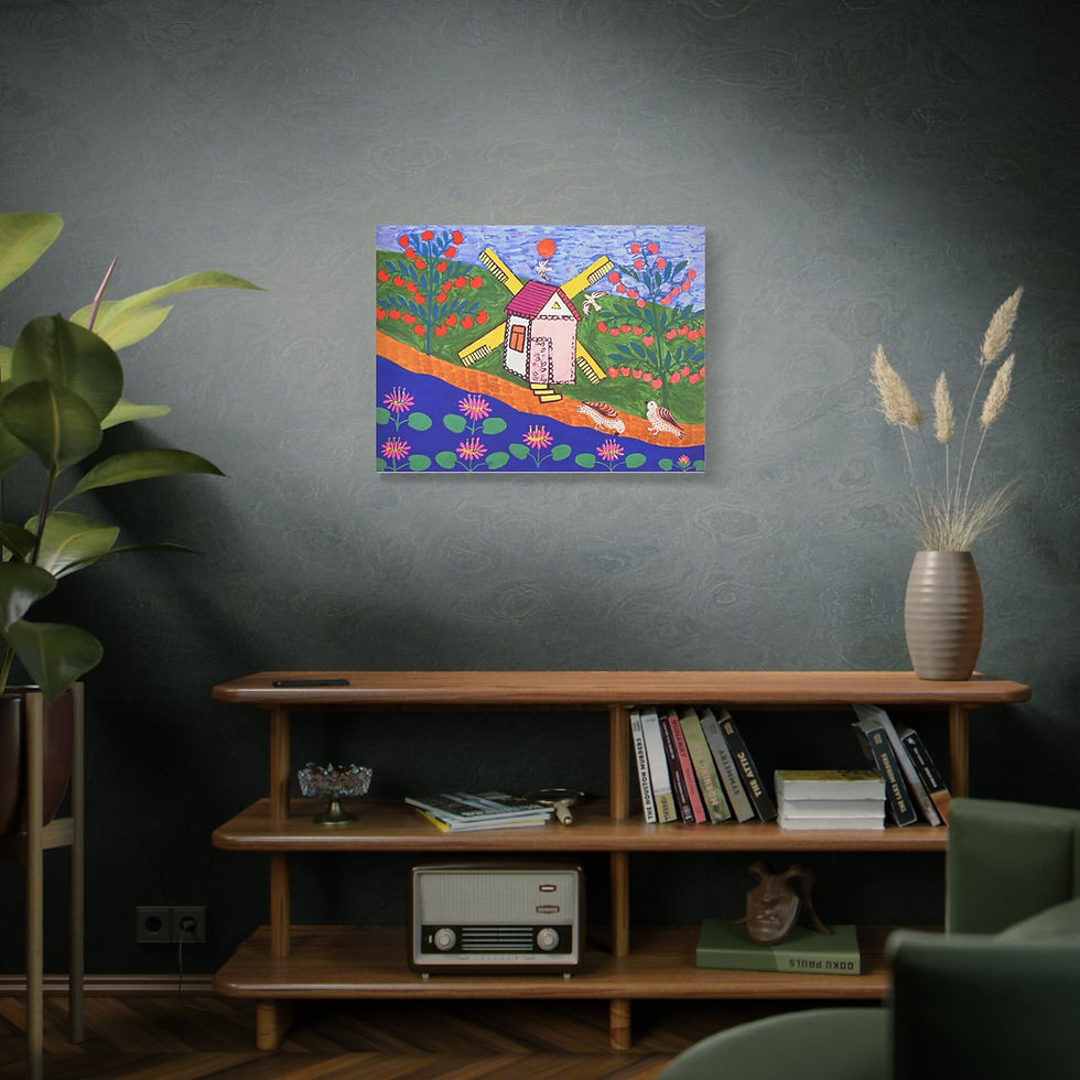 Miniature : Maria Prymachenko Two Pigeons Drank Water by a Windmill and Ford 1970 Art Print