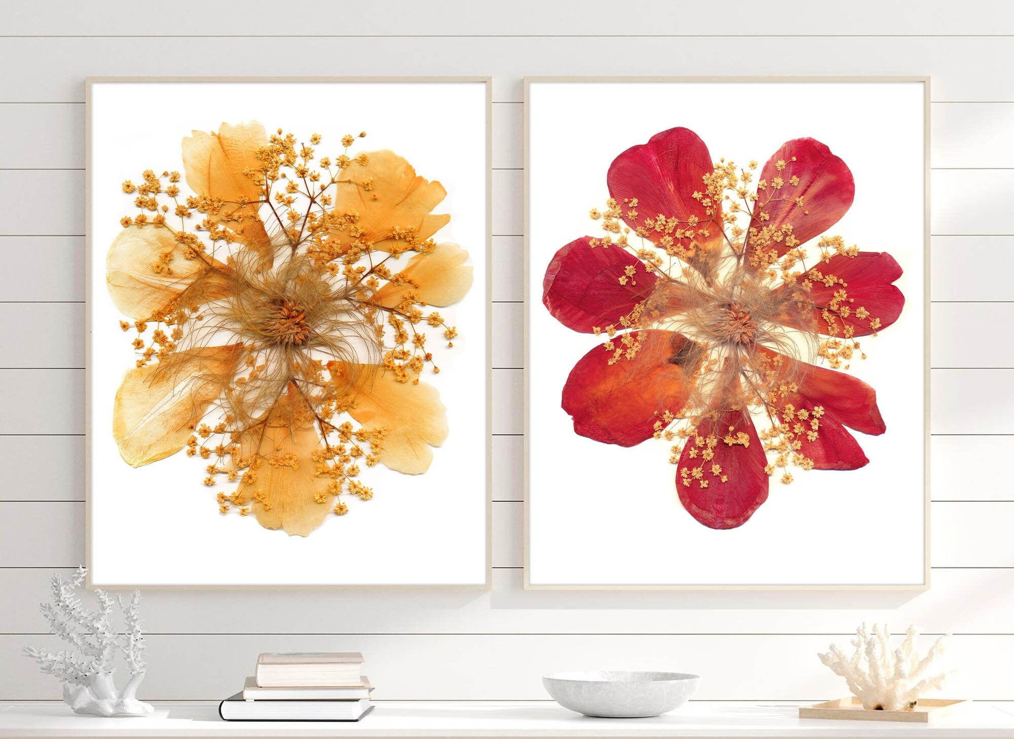 Flowers set of 2 pieces tulip elderberry flowers yellow flowers art wall decor