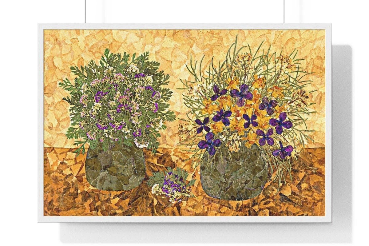 Bouquets in green vases art print floral still life dried flowers art print wall