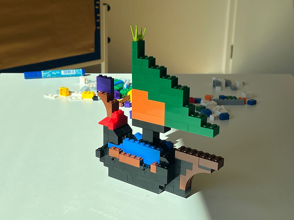 Produkt des "komplexen" Prozesses: Wir durften uns nur 30 Sekunden lang verbal verständigen und Farben waren nach dem ersten Berühren auf die Person festgelegt. Auftrag war: "Baut ein Fahrzeug, verbaut dabei möglichst viele Teile. Ihr habt maximal 15 Minuten Zeit."