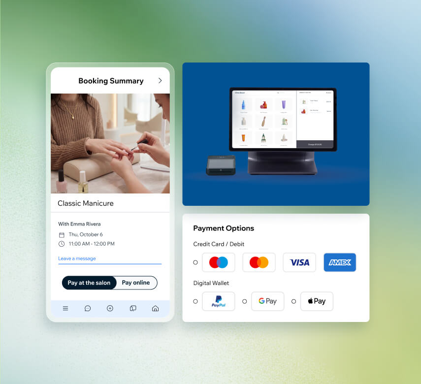 Salon booking summary for a classic manicure with online payment options, POS checkout system, and support for credit cards and digital wallets