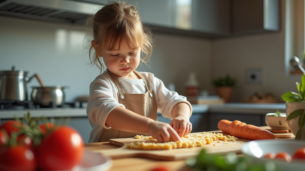 Eye-level view of a child cooking in a kitchen during educational activities