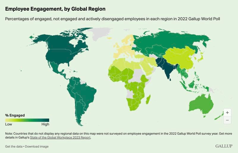 Map showing differences in workforce engagement by country
