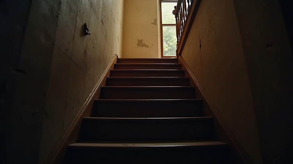 Eye-level view of an old wooden staircase in a dimly lit house
