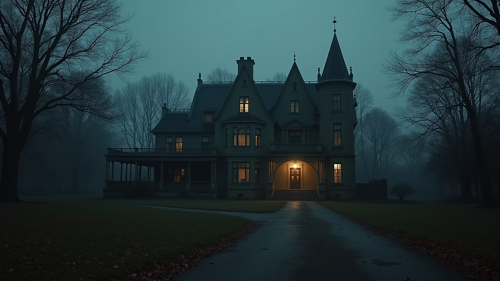 Wide angle view of an old, dimly lit haunted mansion exterior