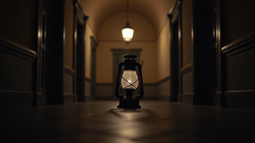 Close-up view of a vintage lantern illuminating a dark historic hallway