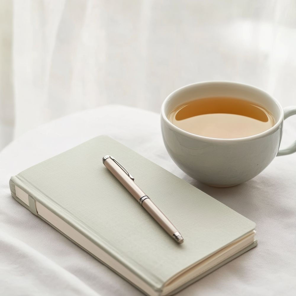 Notebook and pen beside a cup of tea in a calm setting