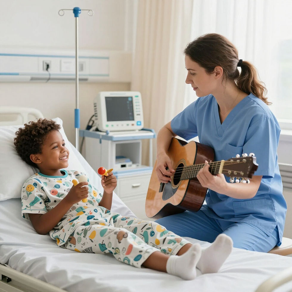Child patient smiles as nurse plays guitar