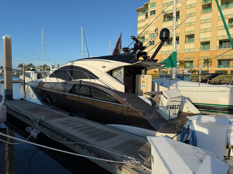 Eye-level view of a small motorboat docked at a marina in Florida