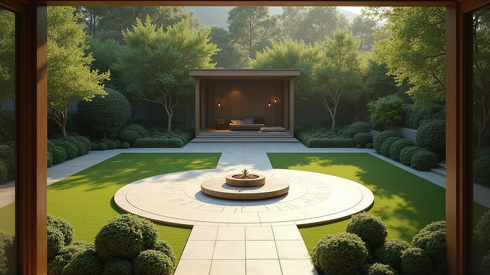 High angle view of a serene outdoor garden with a meditation spot
