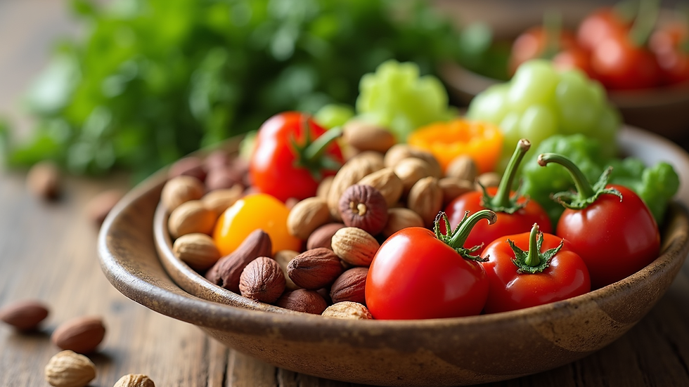 Close-up view of a colorful bowl of fresh vegetables and nuts
