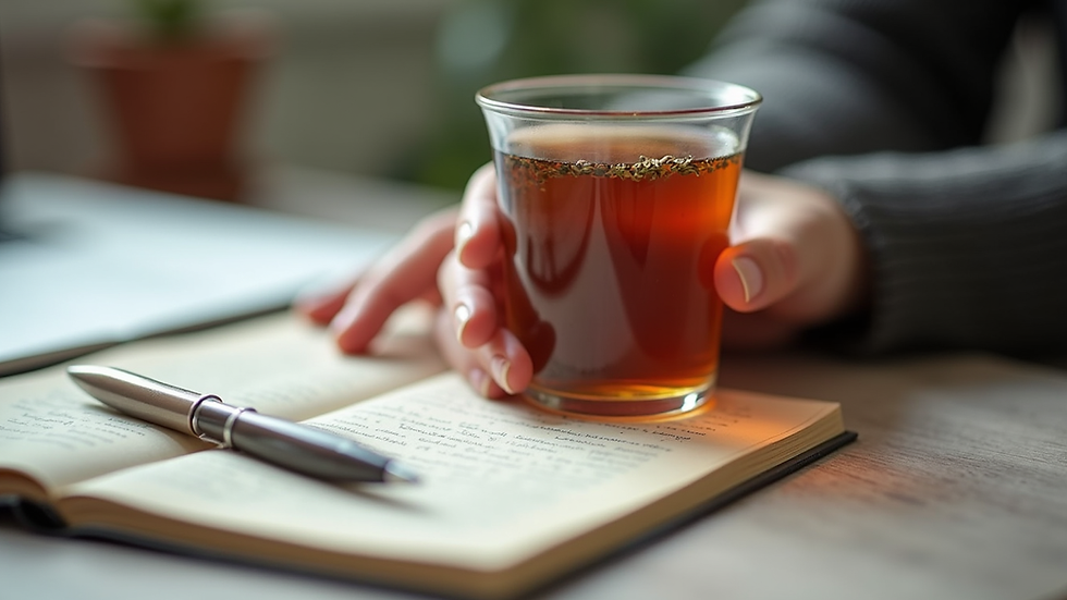 Close-up view of a hand holding a glass of herbal tea next to a journal and pen