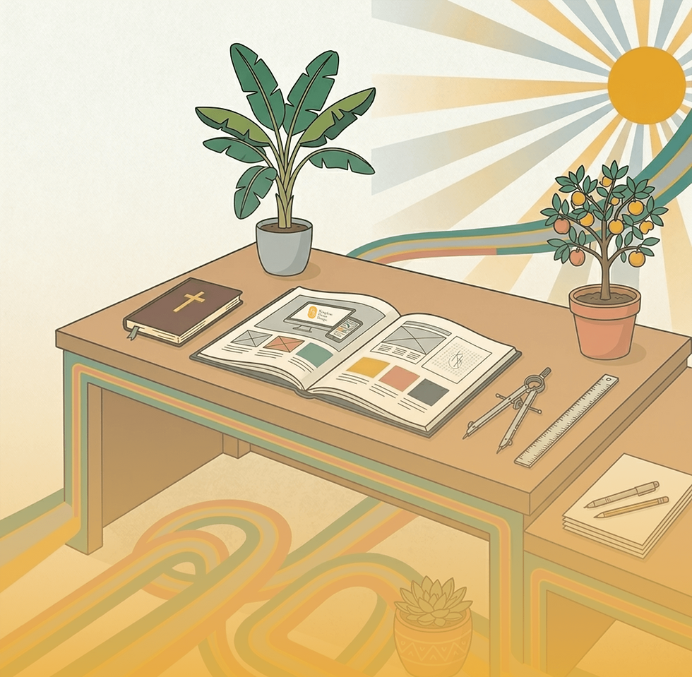 a desk with a sketch book and a bible with potted plants