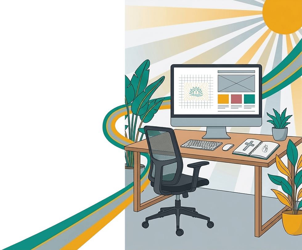 plants around a desk and computer chair with a sun and wavy line behind it, and a cross drawn in a book