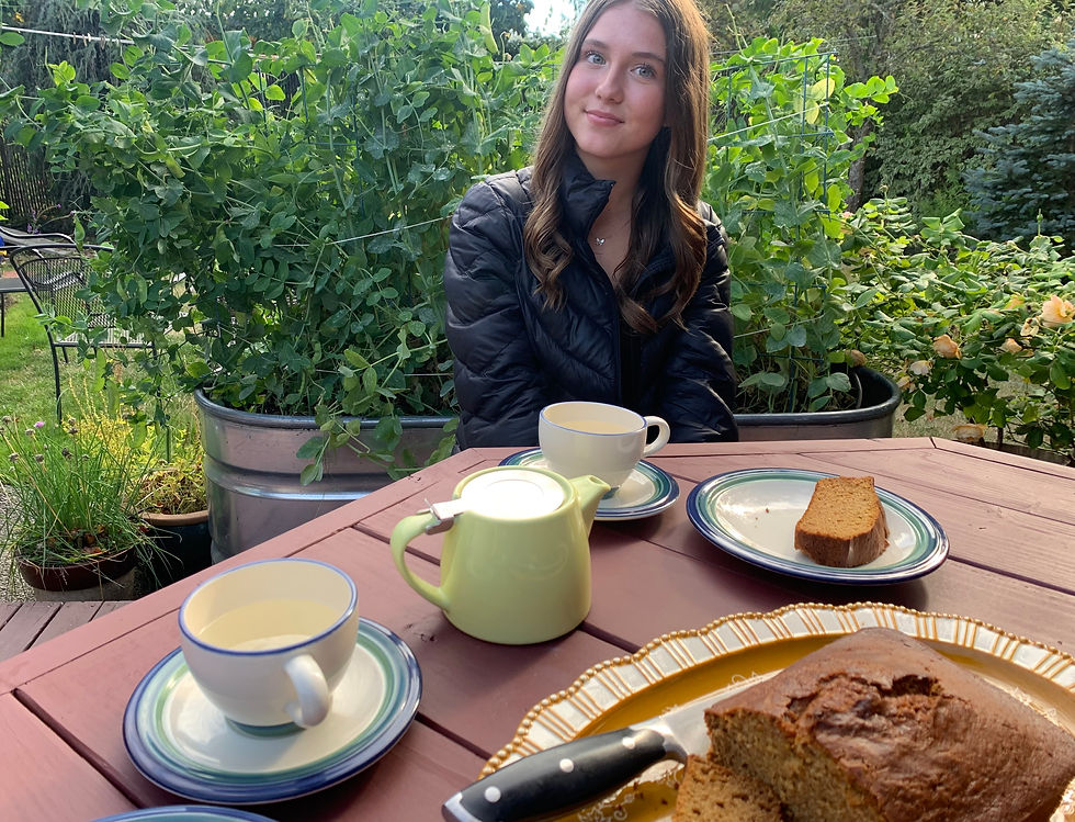 Pumpkin and tea: My niece Francesa enjoying after-school garden treats