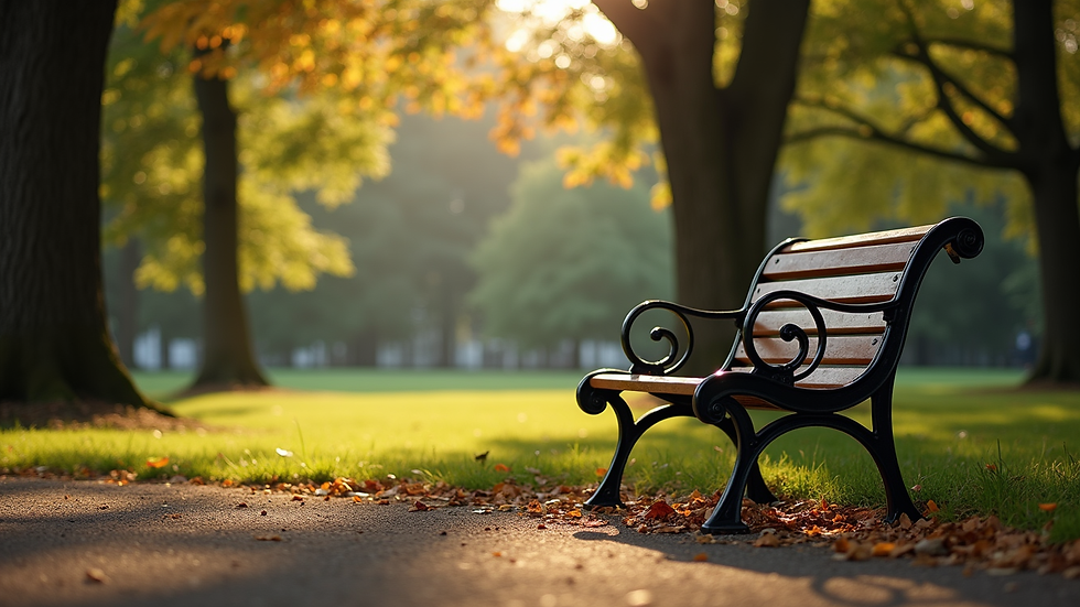 Eye-level view of a serene park bench surrounded by trees
