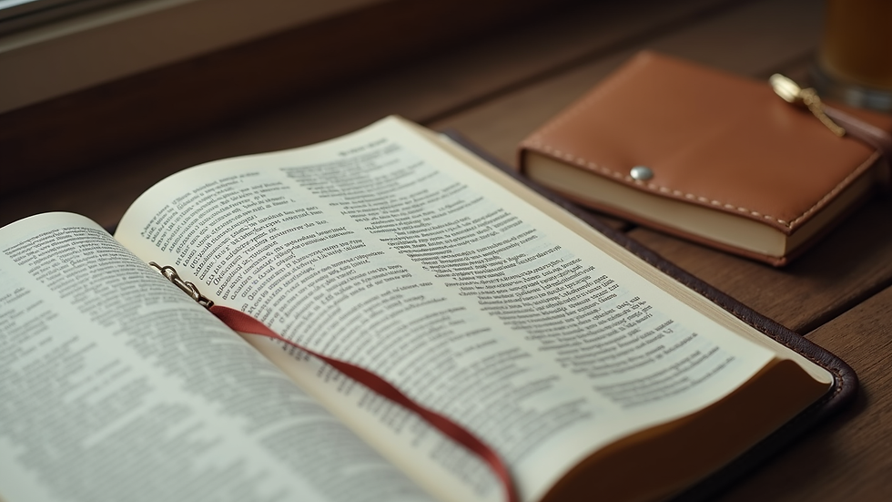 High angle view of an open Bible with a family prayer journal beside it