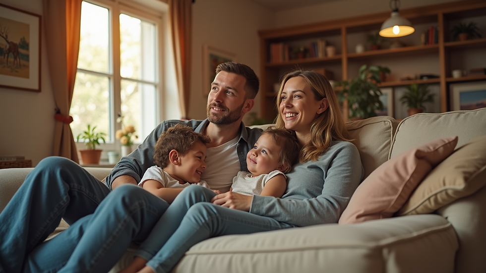 Eye-level view of a family sitting together in a cozy living room, sharing a moment of comfort
