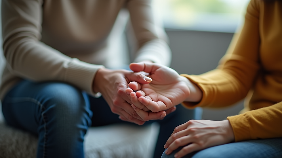 Close-up view of a counselor’s hand gently holding a family’s hands during a session