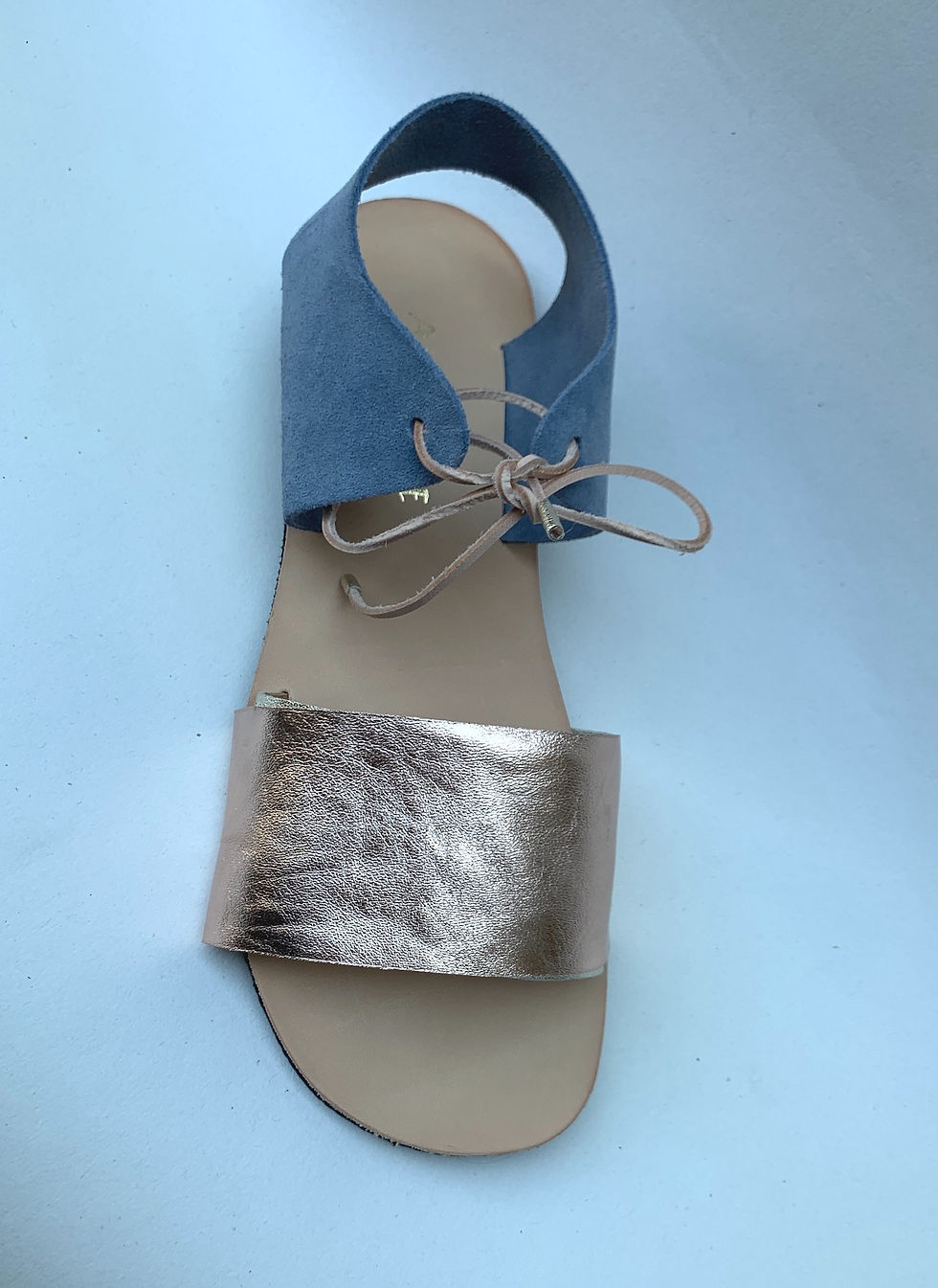 Antigone Rose Gold and Blue Tie Front Sandals