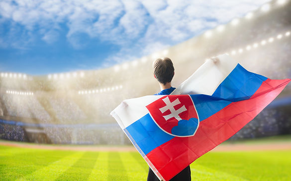 Slovakia football supporter on stadium. Slovak fans on soccer pitch watching team play. Gr