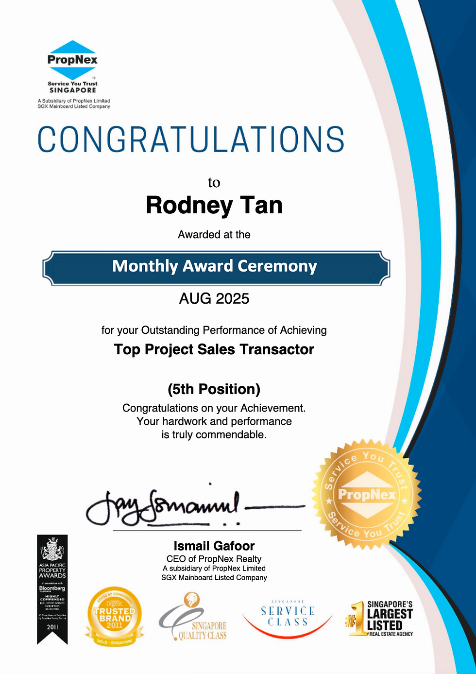Top 5th Project Sales Transactor