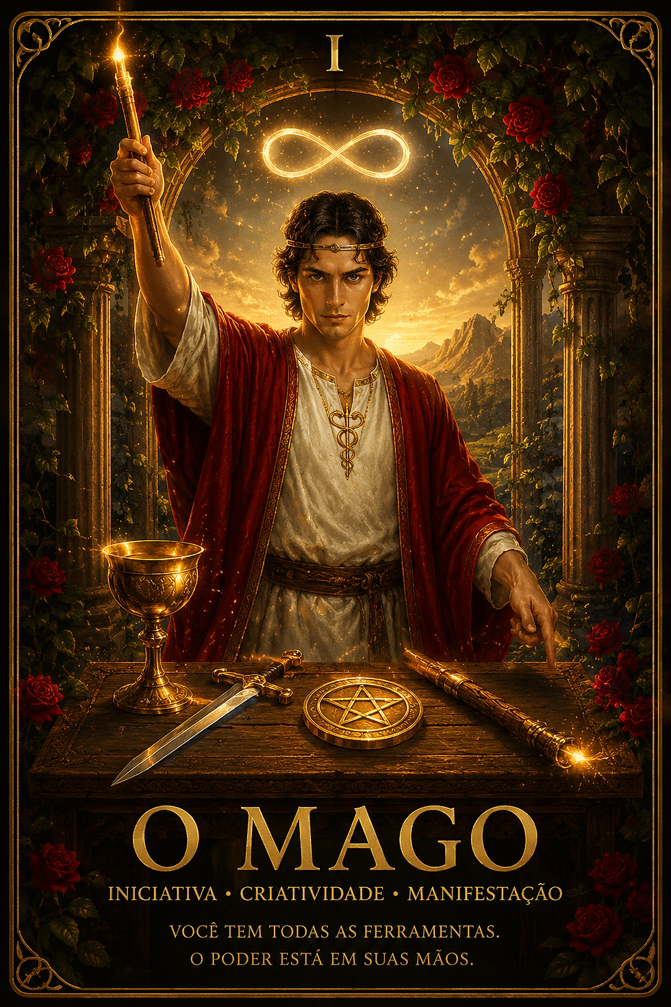 Carta O Mago do Tarô representando criatividade, manifestação, poder pessoal e novos começos.