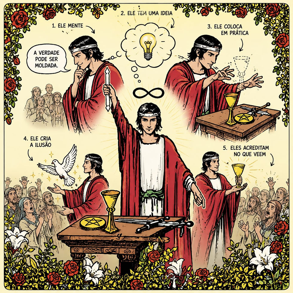 Ilustração mostrando como interpretar a carta O Mago no Tarô e seus principais simbolismos.