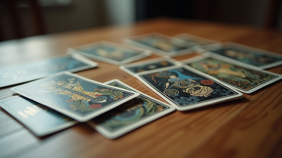 Close-up view of tarot cards spread on a wooden table