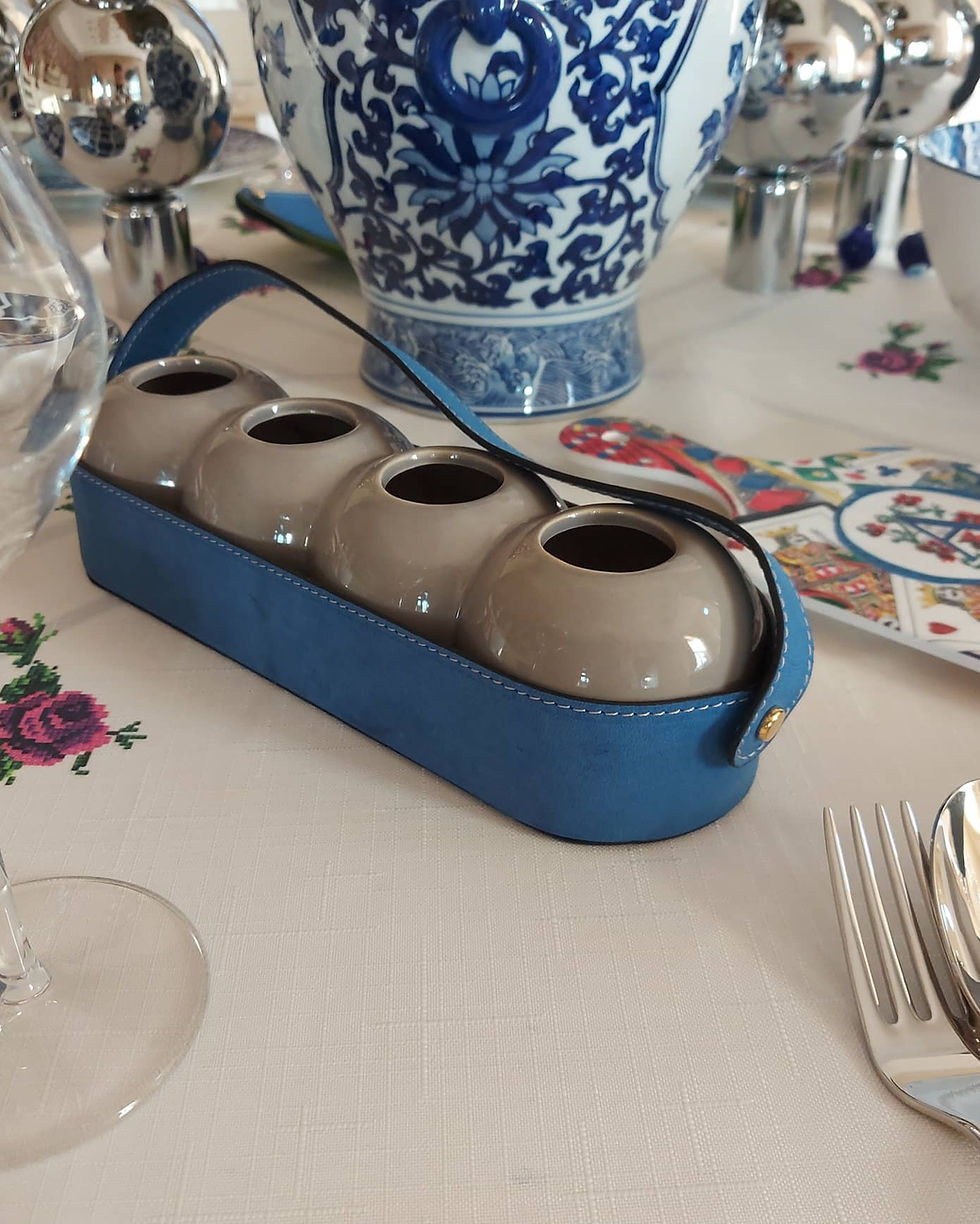 Thumbnail: BOUGIER 4 Piece Porcelain Candle Holder Covered in Genuine Leather