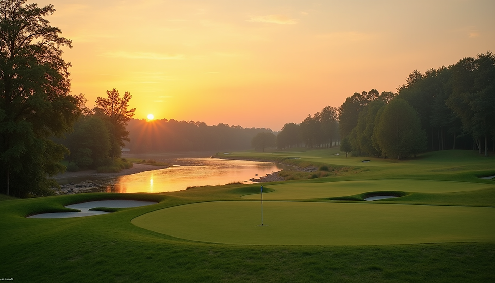 Weitwinkelaufnahme eines gepflegten Golfplatzes mit Blick auf die Elbe