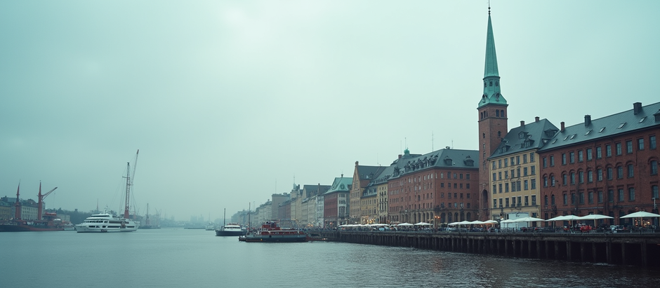 Weitwinkelaufnahme des Hamburger Hafenbeckens mit Gewerbeimmobilien im Vordergrund