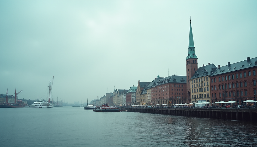 Weitwinkelaufnahme des Hamburger Hafenbeckens mit Gewerbeimmobilien im Vordergrund