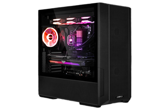 Sleek black PC tower, vibrant RGB lighting, LIAN LI branded case.