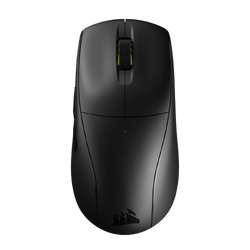 Black Corsair gaming mouse with yellow scroll wheel, top view.