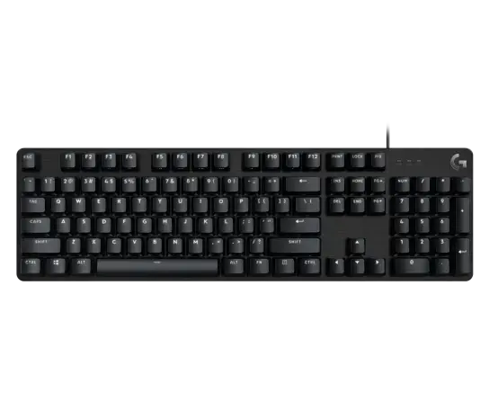Black full-sized mechanical keyboard with Logitech G logo. Gaming peripheral.