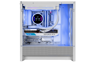 White NZXT gaming PC interior with GeForce RTX, AERO, blue lights.