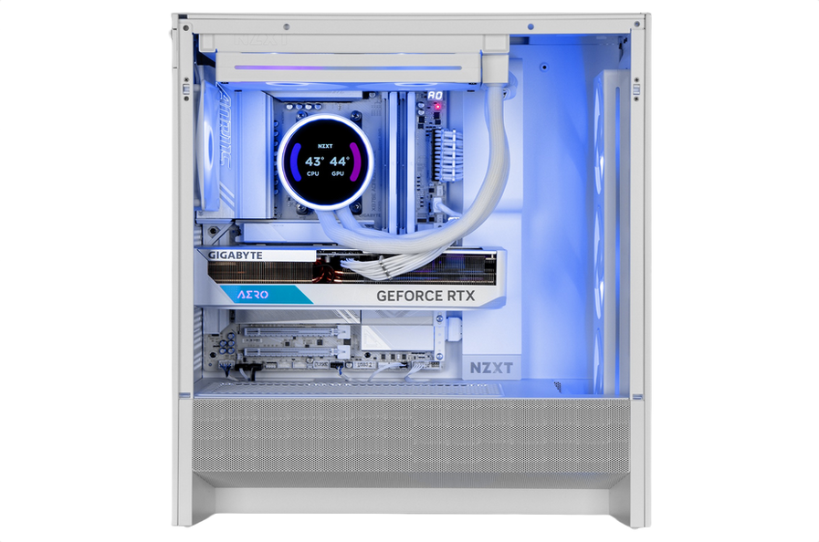White NZXT gaming PC interior with GeForce RTX, AERO, blue lights.