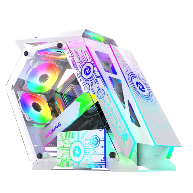 White angular gaming PC case with vibrant RGB internal lighting.