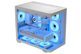 White custom gaming PC case, blue LED fans, Republic of Gamers.