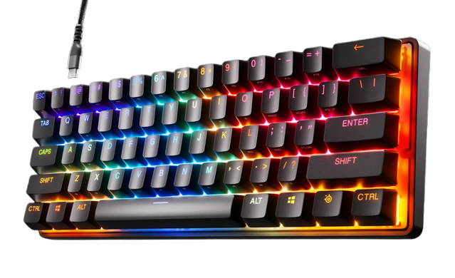 Black mechanical gaming keyboard with vibrant RGB lighting and wired connection.