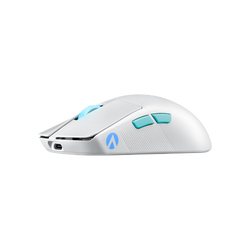 Sleek white gaming mouse with light blue scroll wheel and side buttons.
